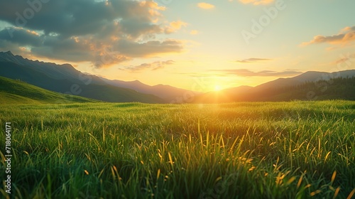 A breathtaking sunset radiates over verdant hills  with sunbeams piercing through the soft clouds above.