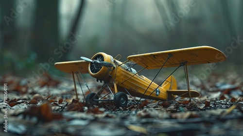 An intricately detailed model biplane rests among fallen leaves, capturing the essence of autumn and nostalgia.