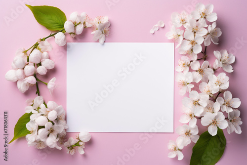 Kreatives flaches Ostergelege/Frühlingsgelege mit Blumen und einem weißem, leern Blatt Papier © FJM