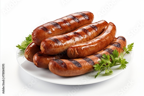 Assorted sausages isolated on white background for culinary concept and food photography.
