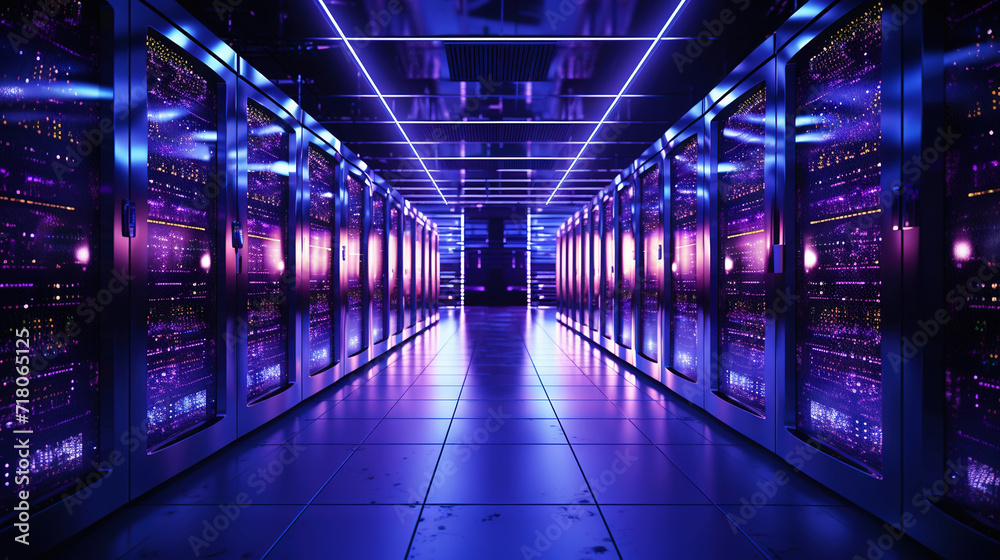 A modern high-tech data center with several rows of working servers in one room. Big data. Generative AI