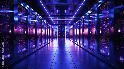 A modern high-tech data center with several rows of working servers in one room. Big data. Generative AI
