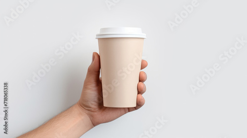 Female hand holding empty white blank paper cup of coffee with a cap. Isolated on white background with copy space.