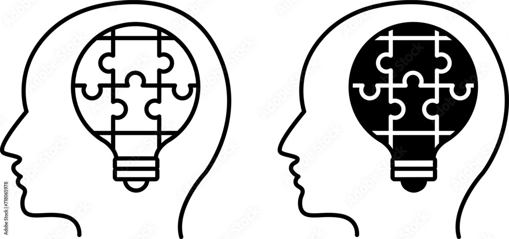 Solutions Icons. Vector Icon of a Light Bulb in the Form of a Puzzle and a Human Head. Business and Teamwork Concept Solutions Icons. Vector Icon of a Light Bulb in the Form of a Puzzle and a Human Head. Business and Teamwork Concept