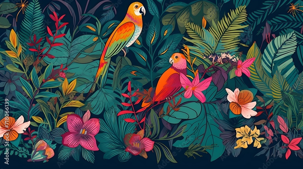 A colorful illustration of tropical birds nestled among lush, vibrant flora.