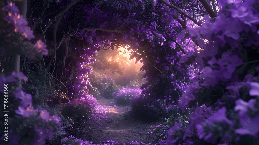 A magical pathway framed by lush purple flowers leading to a warm, inviting light.