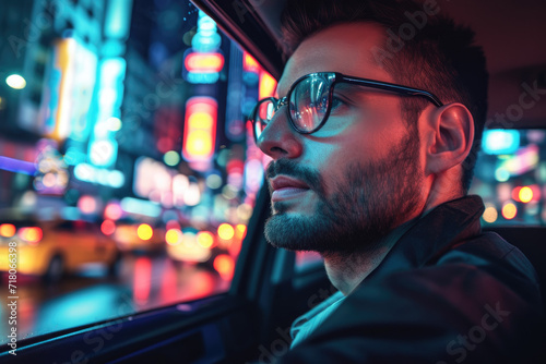 a handsome man in glasses is commuting home in a backseat of a taxi at night. photo