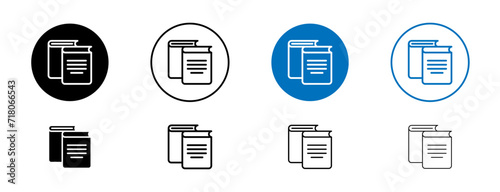 Reference data line icon set. Books learning Knowledge symbol in black and blue color. photo