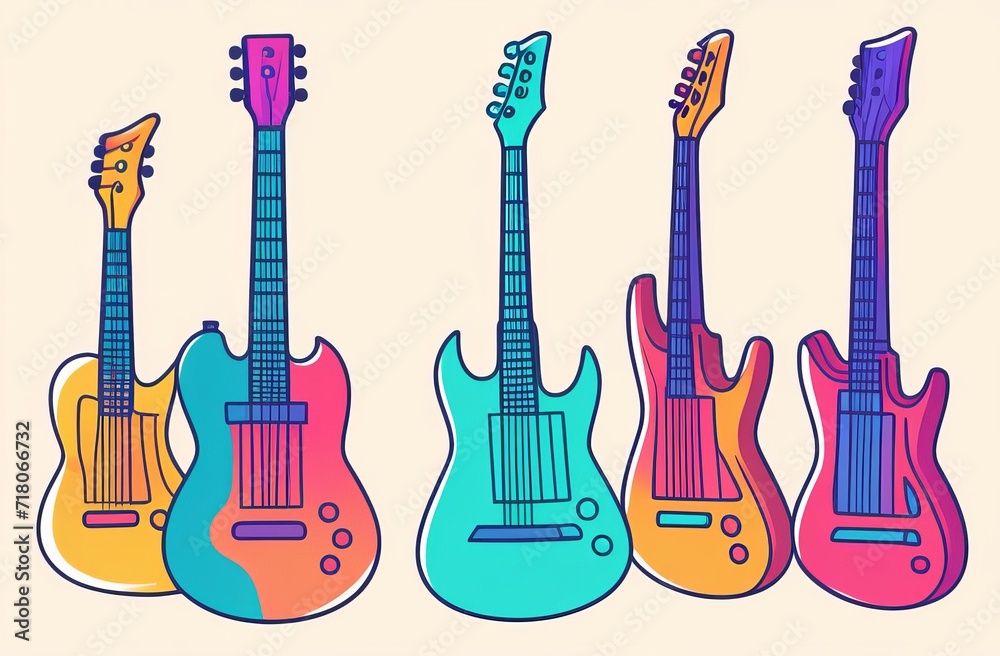 Naklejka premium watercolor hand painted multicolored electric guitars in a raw on white background. stylish brushed illustration