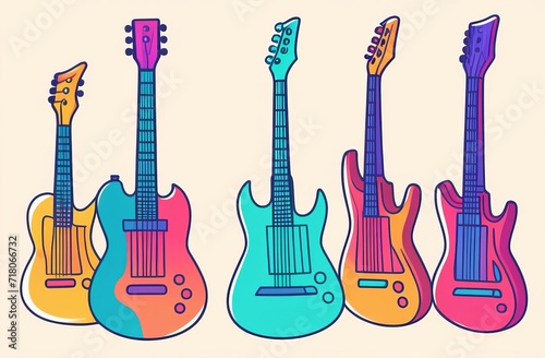 watercolor hand painted multicolored electric guitars in a raw on white background. stylish brushed illustration