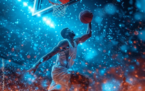 Basketball professional team player running scoring ball over the hoop at dramatic stadium shot in dynamic active pose.