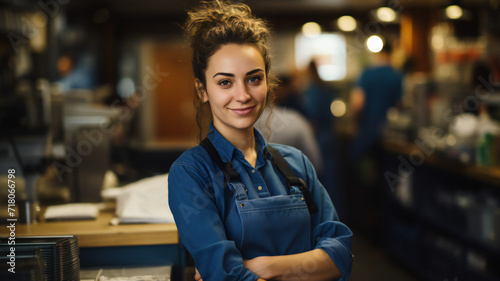 Portrait of confident young supermarket woman, clerk standing at counter. Bakery. Grocery store. Business, shopping concept