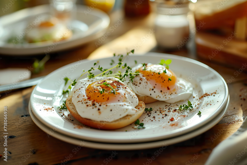 close up of fried eggs with yolk on a plate with spring onions for healthy food breakfast, brunch in scandinavian minimalist food design magazine editorial look - obrazy, fototapety, plakaty 