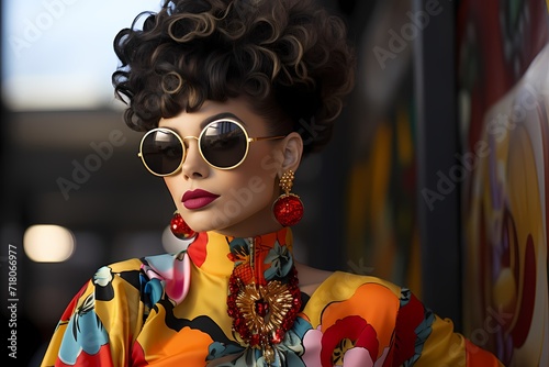 Eclectic fashionista in a vibrant urban setting with bold pops of primary colors