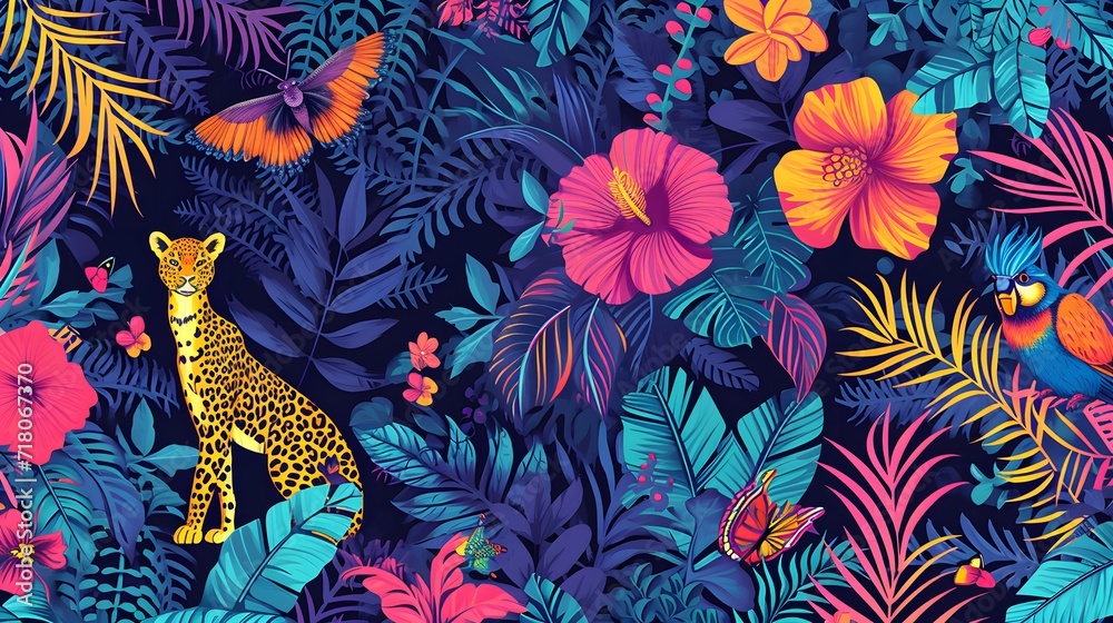 A vividly colored illustration featuring a leopard, parrot, and butterflies amidst tropical foliage and flowers. A vividly colored illustration featuring a leopard, parrot, and butterflies amidst tropical foliage and flowers.
