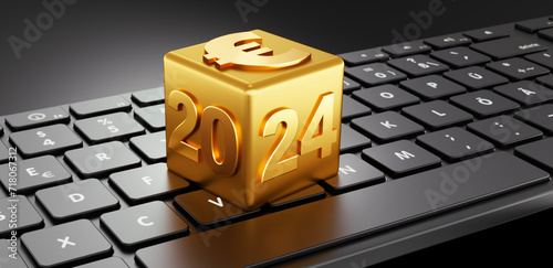 Golden cube with  golden 2024 and Euro symbol on a black computer keyboard - 3D illustration