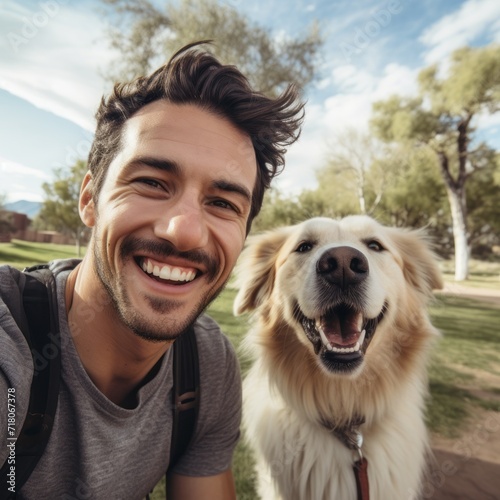 Happy young man with his dog taking a selfie while walking in the park