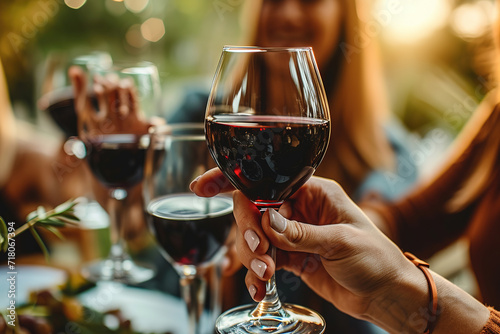 Hand holding glass of red wine , people cheering, cheers, spending a moment together with friends, party, happy moment, wine tasting, cheering, family
