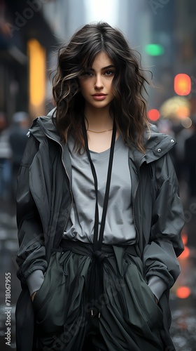 Effortlessly chic Japanese girl in streetwear, standing against a background of sophisticated slate gray mist, the high-definition camera emphasizing the modern edge of her style