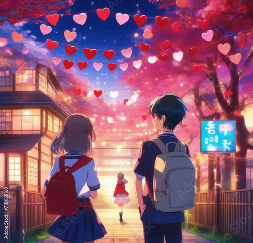 Anime couple with valentine decorations in the city and lights