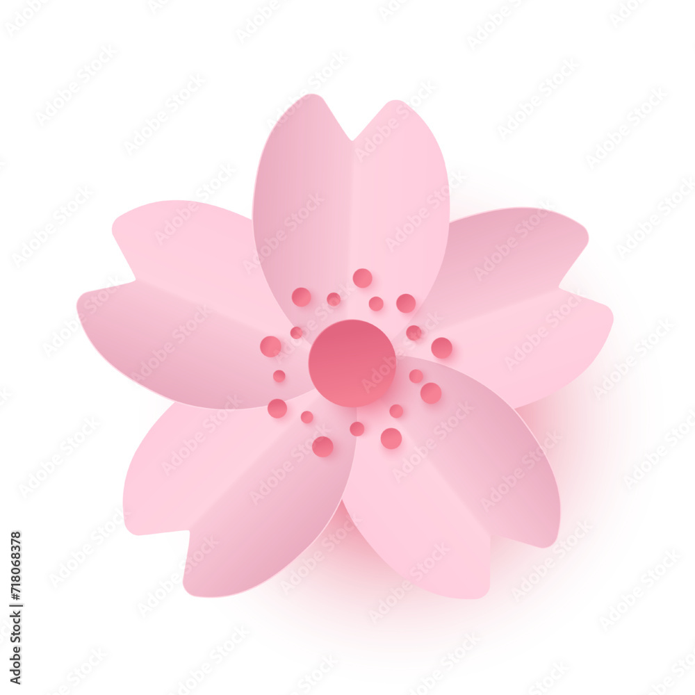 Cherry blossom isolated on white background. Flower blossom sakura. Paper cut and craft style illustration