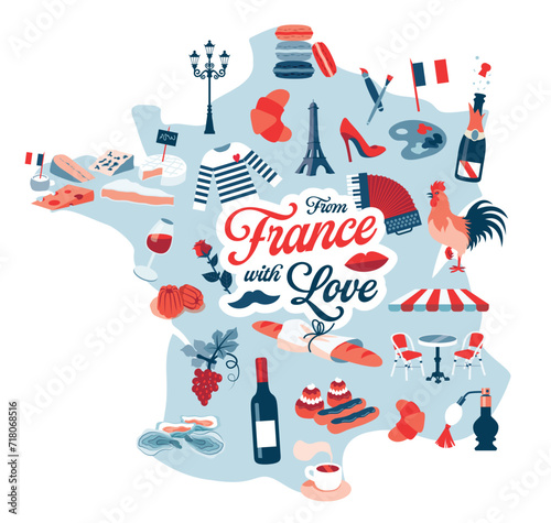 From France with love, french Symbols on a map. Blue and red pictograms in a flat design. Vector illustrations on a white background. Culture, art, food, cheese and wine and champagne photo