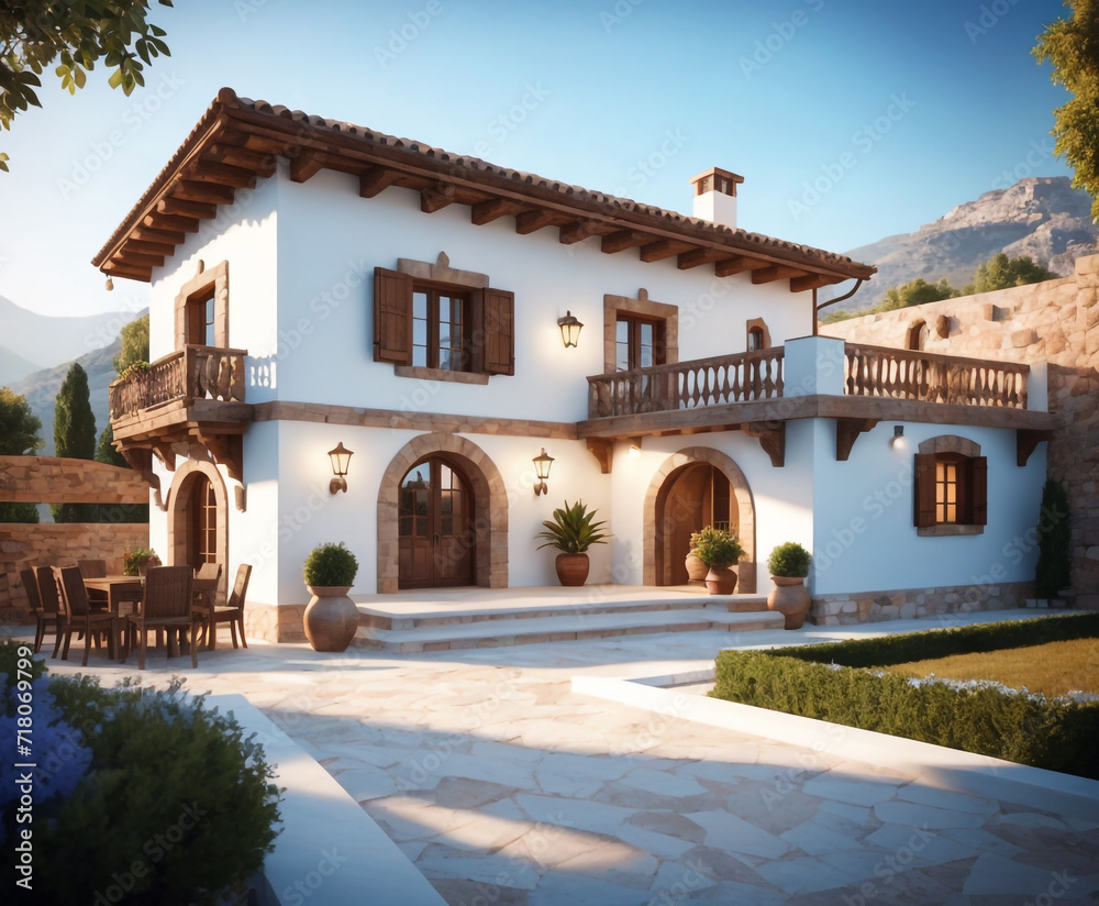 The image showcases a beautiful, traditional-style house with a well-maintained courtyard. The architecture features white walls, wooden doors and windows, and a tiled roof.
