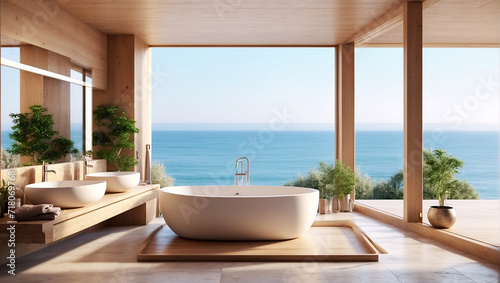 Beautiful bathroom in cosy interior with big window with sea view  cosy atmosphere  sunlight  natural colours  photorealistic