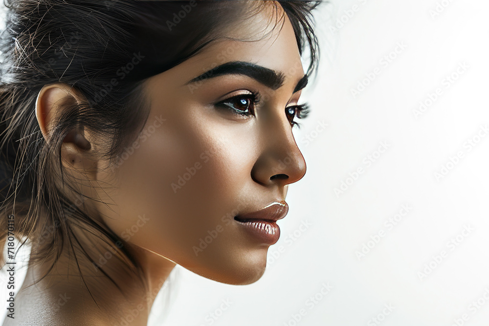 beautiful asian indian woman with hair. perfect face structure. isolated on white background. - obrazy, fototapety, plakaty 