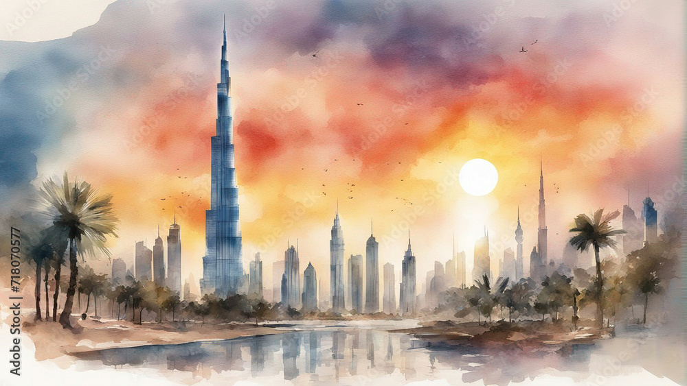 burj khalifa in watercolor painting