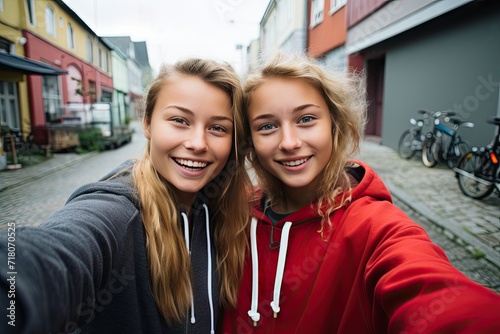 Cute outdoor portrait of funny pretty best friends girls having fun making selfie photo