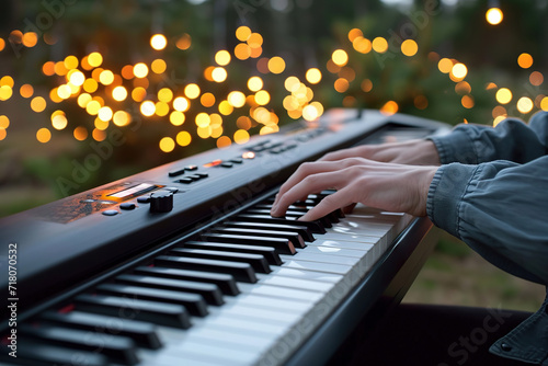 male hands of a person playing the piano pressing the keys. bokeh lights in the background. outside in the nature playing music instrument.