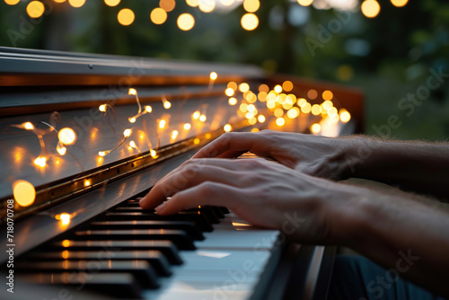 male hands of a person playing the piano pressing the keys. bokeh lights in the background. outside in the nature playing music instrument. photo