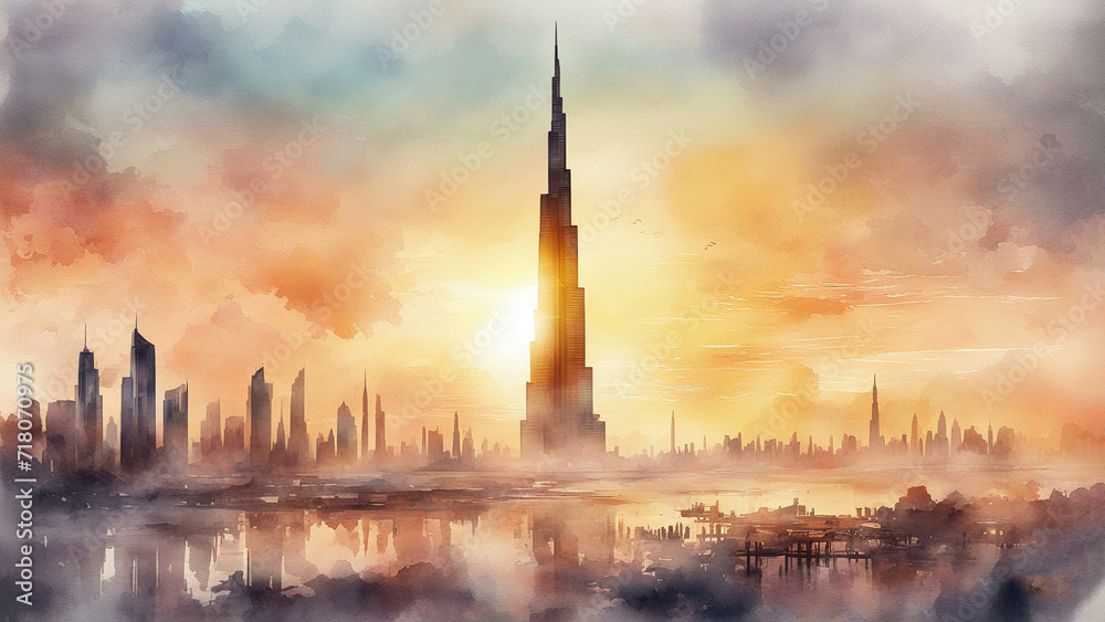 burj khalifa in watercolor painting - obrazy, fototapety, plakaty 