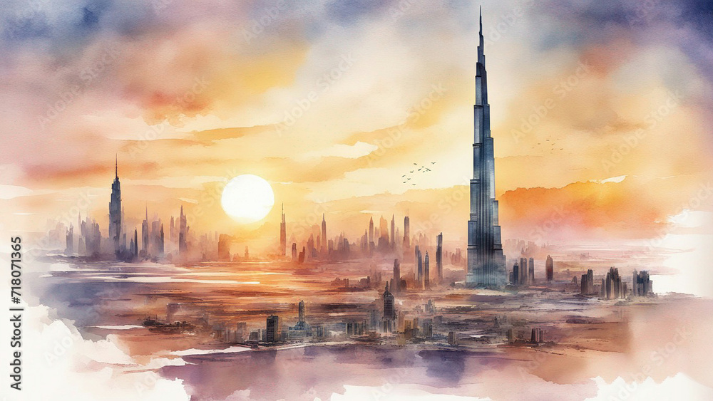 burj khalifa in watercolor painting burj khalifa in watercolor painting