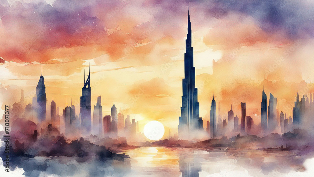 burj khalifa in watercolor painting