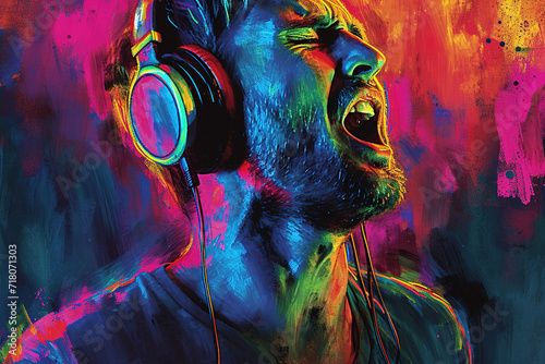 a man wearing headphones in neon colors. Hipster listening to music and singing. Enjoyment of life.