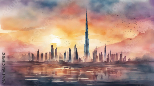 burj khalifa in watercolor painting