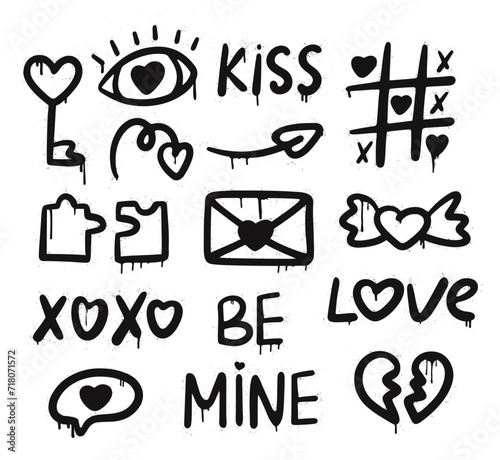 Set graffiti clip art. Urban street style. Valentine day elements. Y2k love set. Collection of heart, puzzle, eye, speech bubble, mail, tic tac toe. Splash effects and drops. Grunge and spray texture.