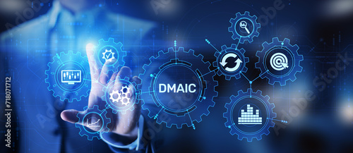 DMAIC Define Measure Analyze Improve Control Industrial business process optimisation six sigma lean manufacturing technology concept on virtual screen. photo