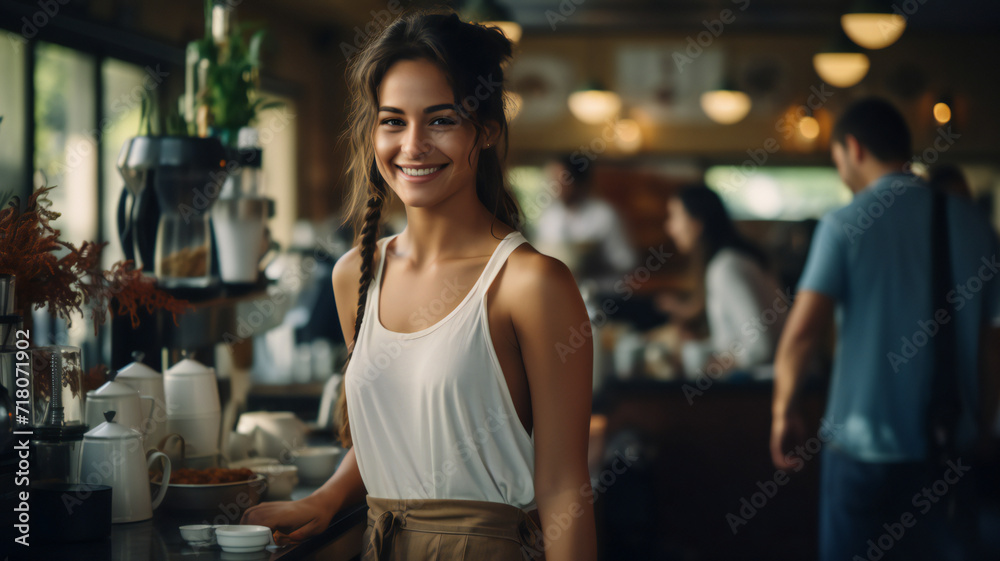 Young barista serving coffee. Smiling beautiful woman in apron serving a big cup of coffee to a customer in a modern cafe, bar