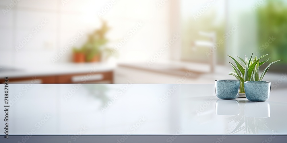 White glossy counter top with a blurred kitchen room background. White glossy counter top with a blurred kitchen room background.