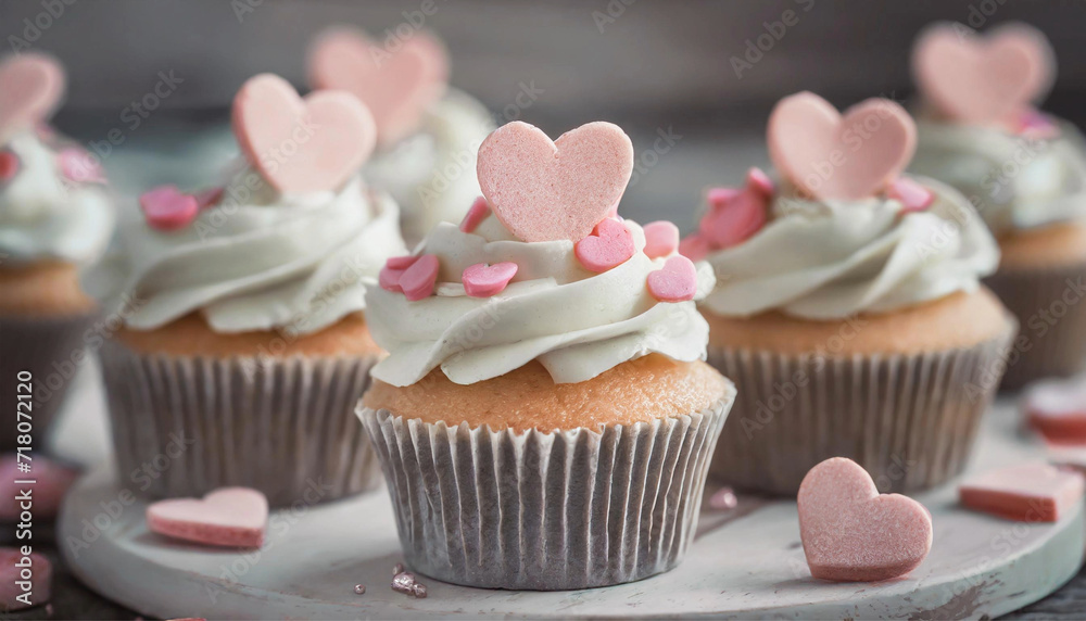 Cupcakes decorated with whipped cream and hearts, love concept, Valentine s Day, delicious dessert