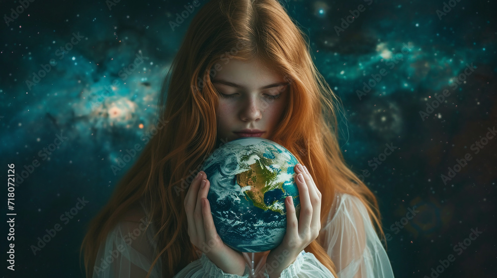 Naklejka premium Beautiful woman holding planet Earth. 
