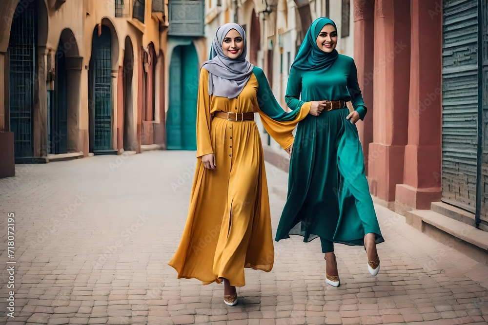 modern colorful stylish outfit photoshoot of a muslim hijab woman in dynamic shot happy and positive for modest trendy arab women fashion