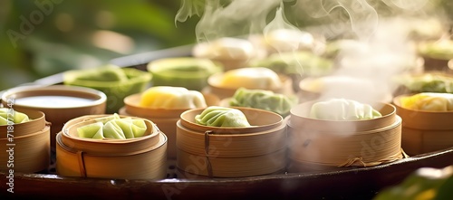 Various kinds of dim sum steaming in containers made of bamboo. generative AI photo