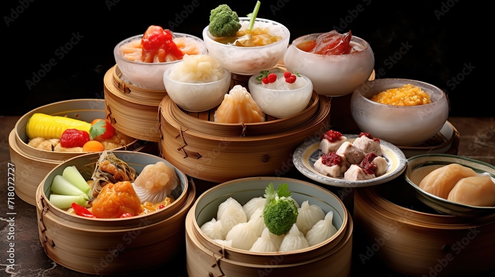 Various kinds of dim sum in containers made of bamboo. generative AI Various kinds of dim sum in containers made of bamboo. generative AI