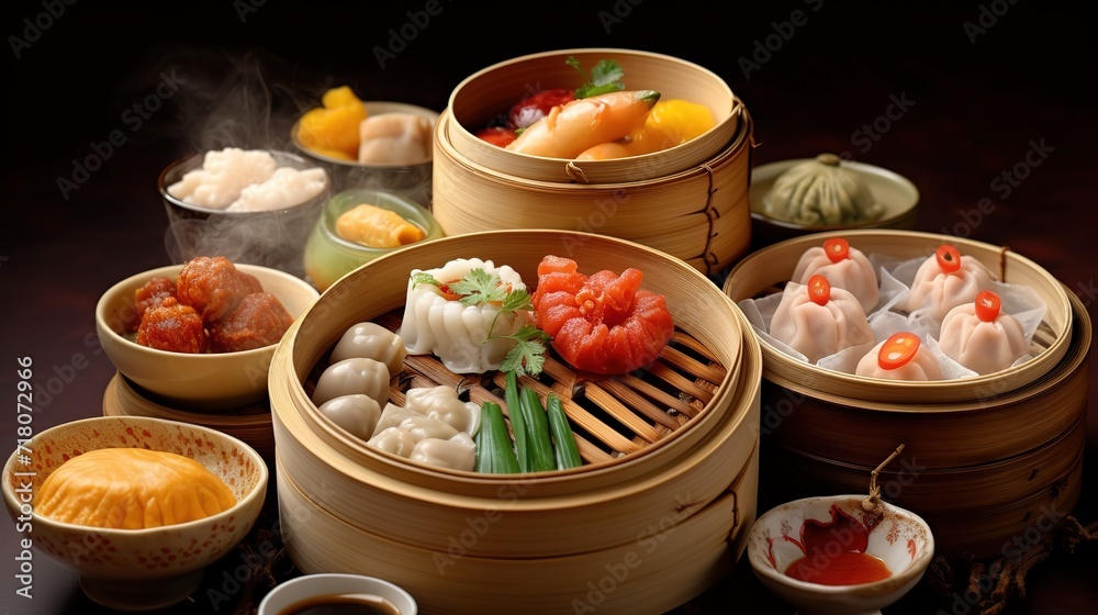 Various kinds of dim sum in containers made of bamboo. generative AI