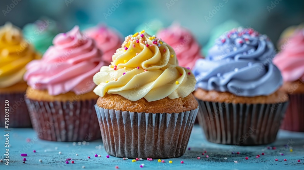 AI-generated illustration of a colorful assortment of cupcakes lined up in a row