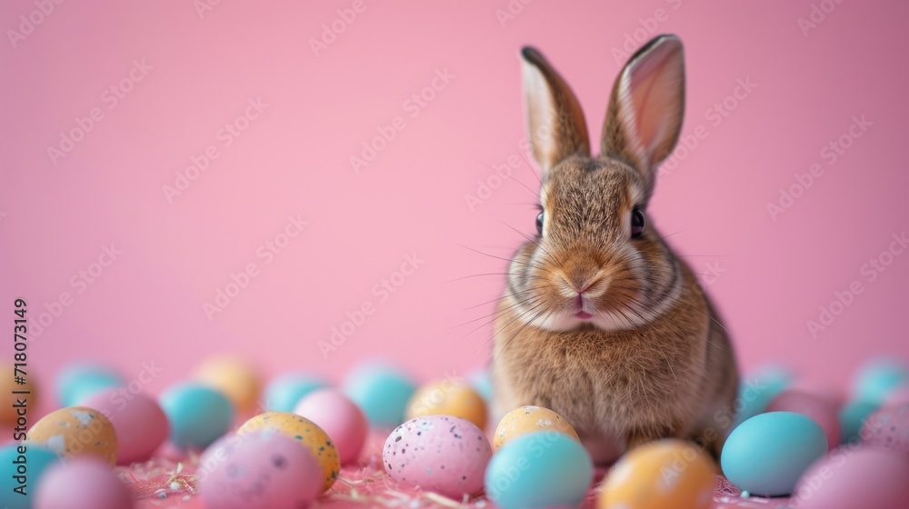 AI-generated illustration of colorful Easter eggs placed around a cute rabbit AI-generated illustration of colorful Easter eggs placed around a cute rabbit